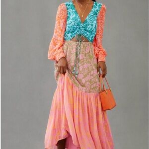 FARM Rio Colorblock Floral Maxi Dress in Coral, Pink & Teal